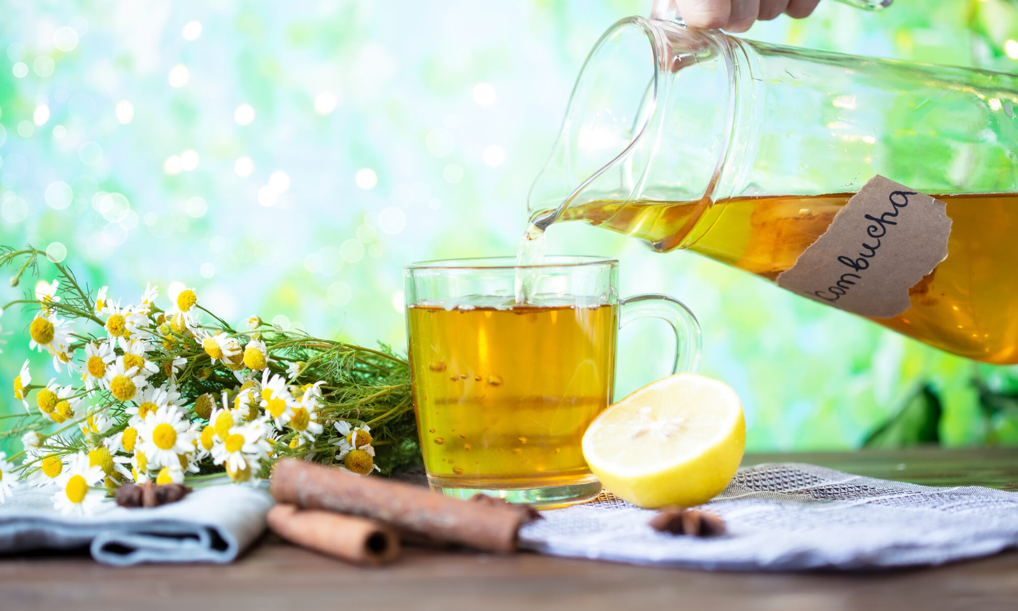 Healthy tea kombucha with lemon and cinnamon. Recipe for homemade Kombucha